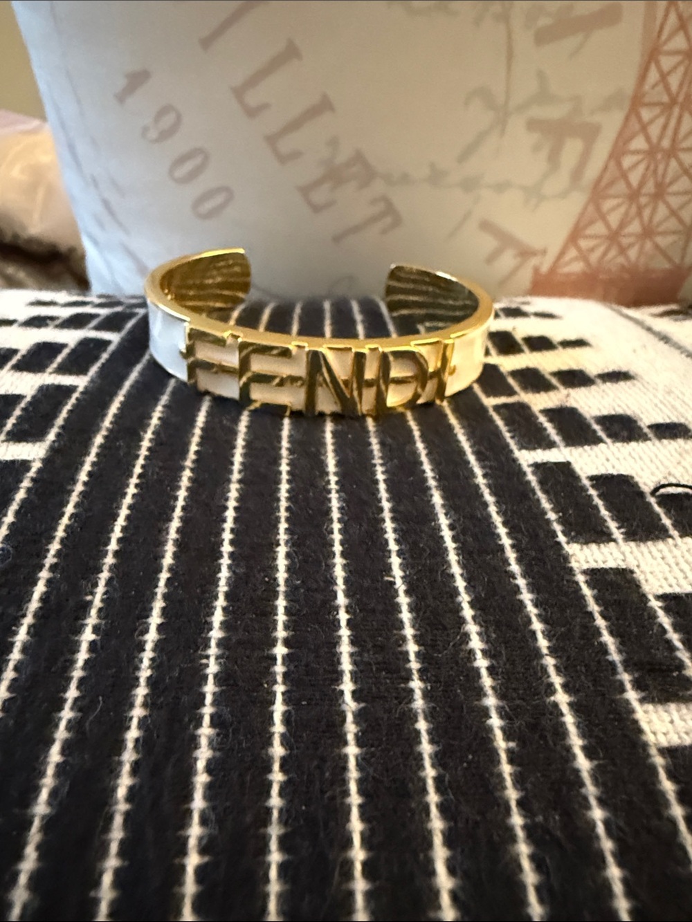Fendi Gold and White Logo Cuff Bracelet